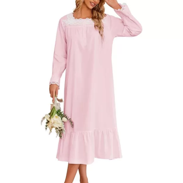 Ekouaer Victorian Nightgown Cotton Long Sleeve Vintage Old Fashioned Gown The Ring Costume for WomenPink