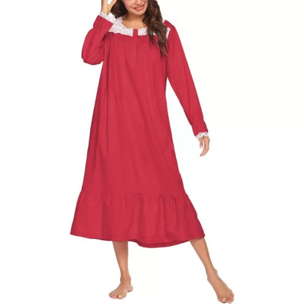 Ekouaer Victorian Nightgown Cotton Long Sleeve Vintage Old Fashioned Gown The Ring Costume for WomenWine Red