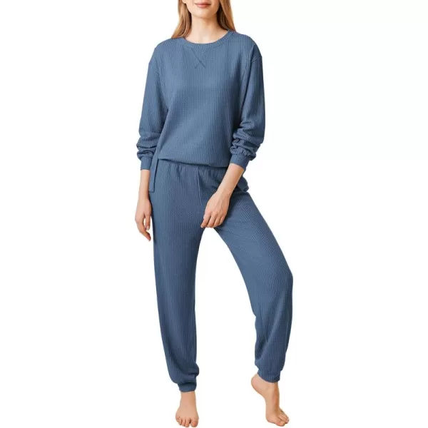 Ekouaer Waffle Knit Lounge Sets for Women Long Sleeve Pajamas Set with Pockets 2 Pieces Outfits Top and PantsBlue