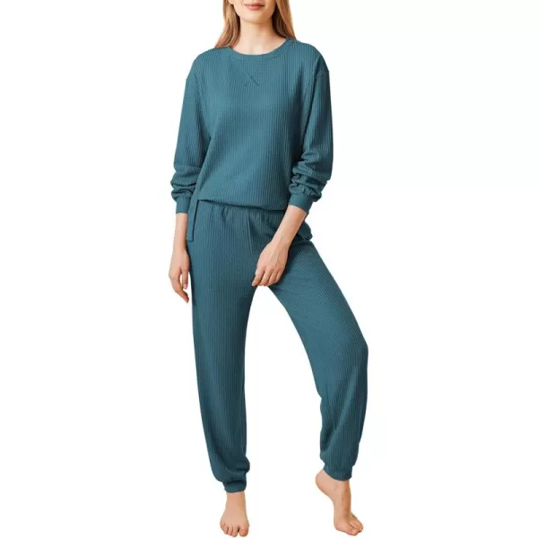 Ekouaer Waffle Knit Lounge Sets for Women Long Sleeve Pajamas Set with Pockets 2 Pieces Outfits Top and PantsBlue Green