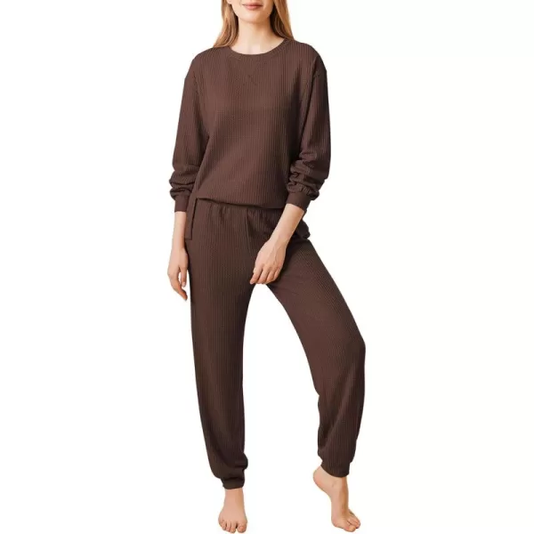 Ekouaer Waffle Knit Lounge Sets for Women Long Sleeve Pajamas Set with Pockets 2 Pieces Outfits Top and PantsBrown