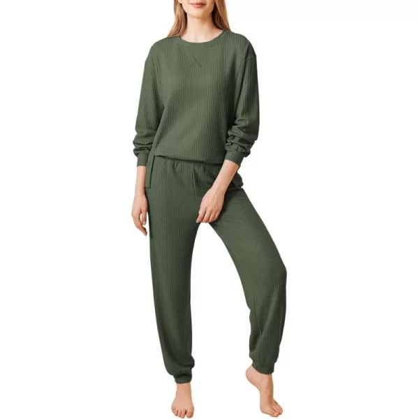 Ekouaer Waffle Knit Lounge Sets for Women Long Sleeve Pajamas Set with Pockets 2 Pieces Outfits Top and PantsDeep Green