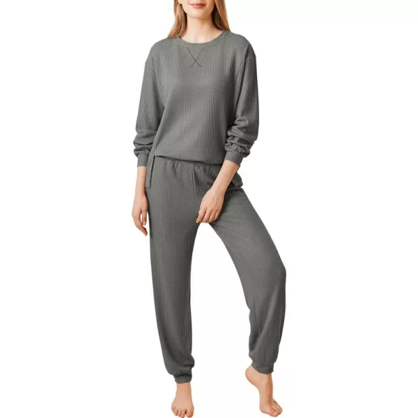 Ekouaer Waffle Knit Lounge Sets for Women Long Sleeve Pajamas Set with Pockets 2 Pieces Outfits Top and PantsDeep Grey