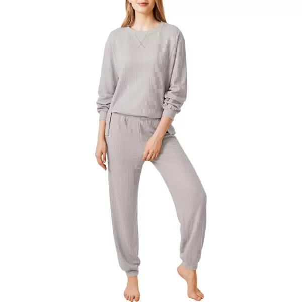 Ekouaer Waffle Knit Lounge Sets for Women Long Sleeve Pajamas Set with Pockets 2 Pieces Outfits Top and PantsLight Grey