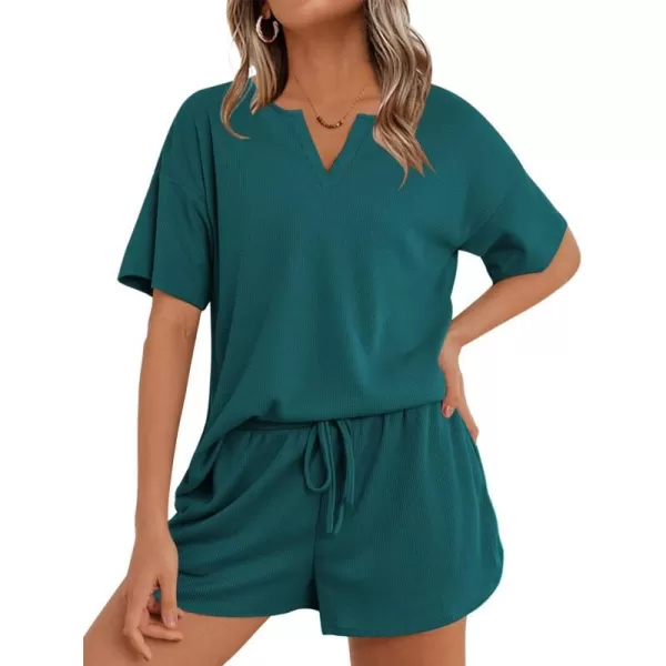 Ekouaer Waffle Knit Pajamas Set Womens Loungewear Short Sleeve Lounge Set 2 Piece PJ Sets SXXLBlue Green