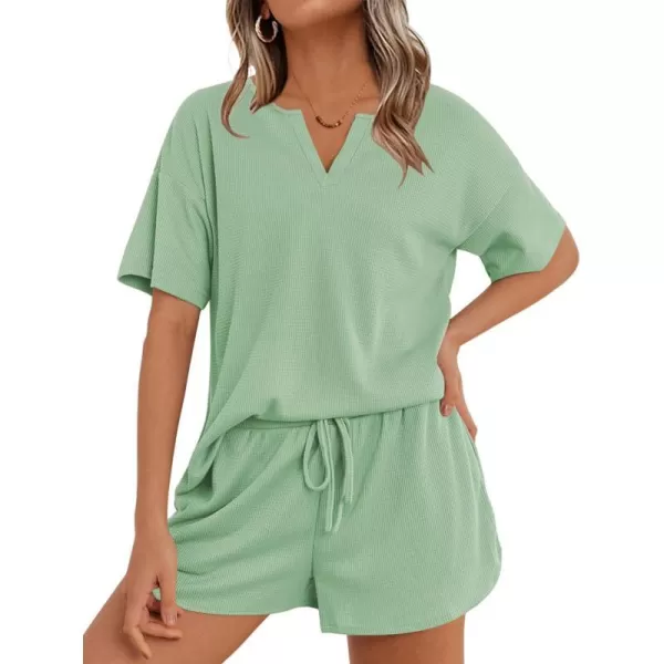 Ekouaer Waffle Knit Pajamas Set Womens Loungewear Short Sleeve Lounge Set 2 Piece PJ Sets SXXLIce Green