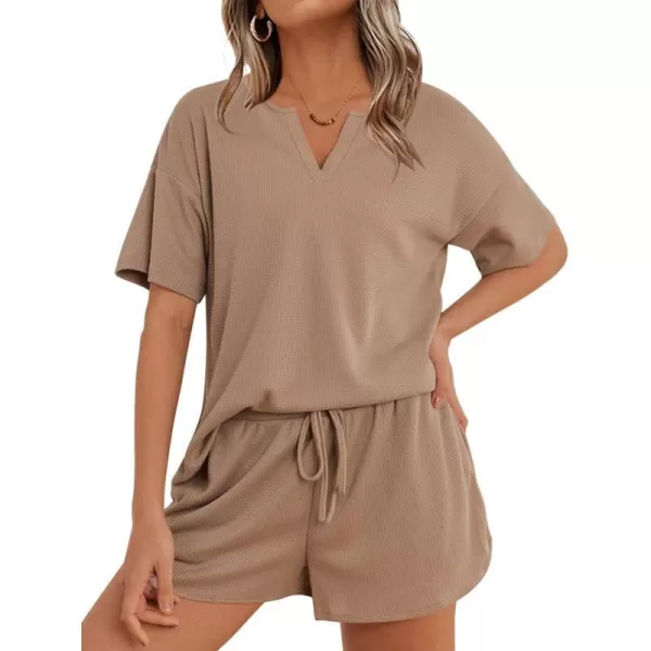 Ekouaer Waffle Knit Pajamas Set Womens Loungewear Short Sleeve Lounge Set 2 Piece PJ Sets SXXLKhaki