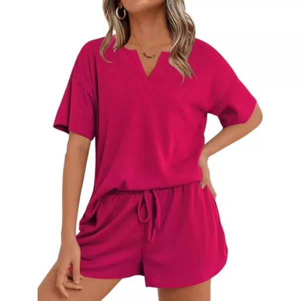 Ekouaer Waffle Knit Pajamas Set Womens Loungewear Short Sleeve Lounge Set 2 Piece PJ Sets SXXLRose Red