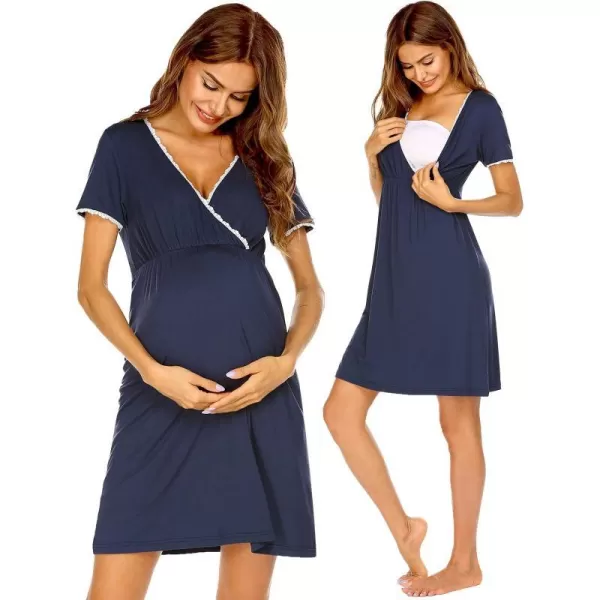 Ekouaer Women 3 in 1 DeliveryLaborMaternityNursing Nightgown Short Sleeve Pleated Breastfeeding Sleep DressSXXLA Navy Blue