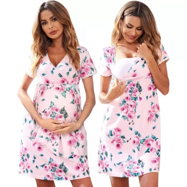 Ekouaer Women 3 in 1 DeliveryLaborMaternityNursing Nightgown Short Sleeve Pleated Breastfeeding Sleep DressSXXLB Pink Flowers