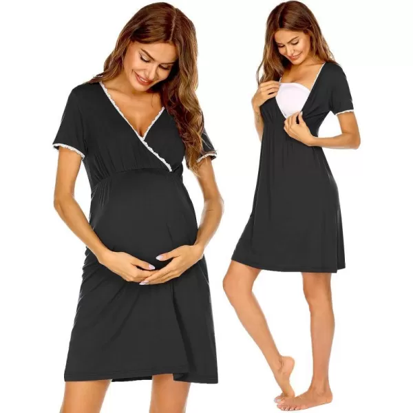 Ekouaer Women 3 in 1 DeliveryLaborMaternityNursing Nightgown Short Sleeve Pleated Breastfeeding Sleep DressSXXLBlack