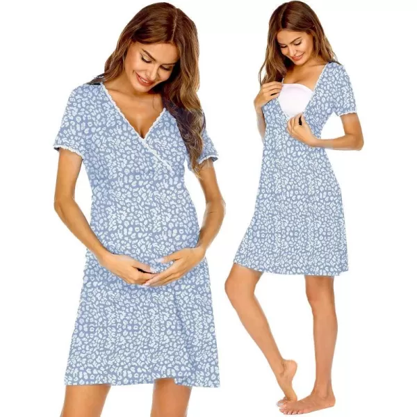 Ekouaer Women 3 in 1 DeliveryLaborMaternityNursing Nightgown Short Sleeve Pleated Breastfeeding Sleep DressSXXLBlue Leopard