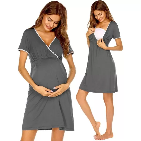 Ekouaer Women 3 in 1 DeliveryLaborMaternityNursing Nightgown Short Sleeve Pleated Breastfeeding Sleep DressSXXLGray