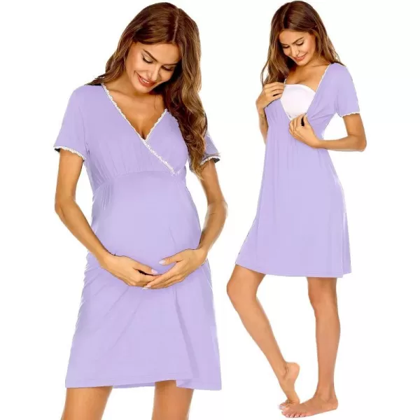 Ekouaer Women 3 in 1 DeliveryLaborMaternityNursing Nightgown Short Sleeve Pleated Breastfeeding Sleep DressSXXLLight Purple