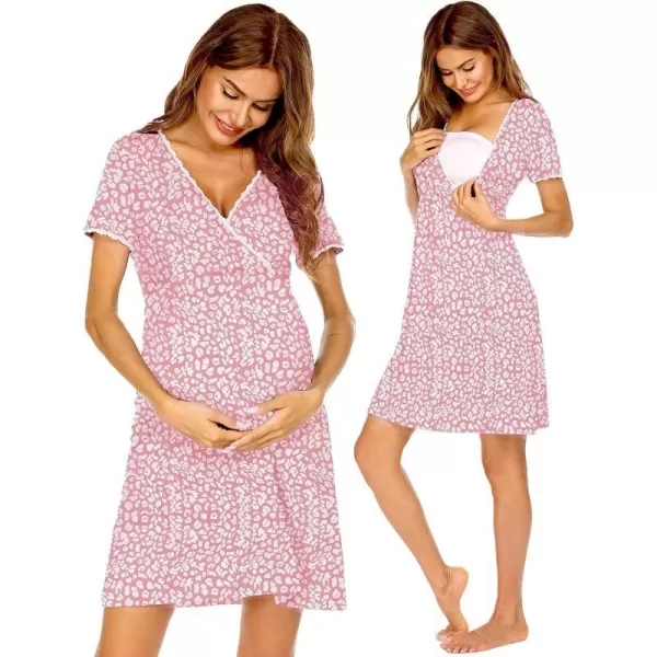 Ekouaer Women 3 in 1 DeliveryLaborMaternityNursing Nightgown Short Sleeve Pleated Breastfeeding Sleep DressSXXLPink Leopard