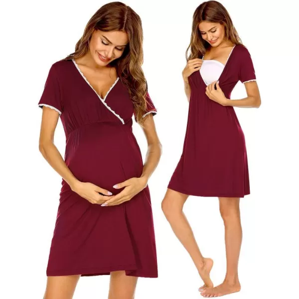 Ekouaer Women 3 in 1 DeliveryLaborMaternityNursing Nightgown Short Sleeve Pleated Breastfeeding Sleep DressSXXLWine Red