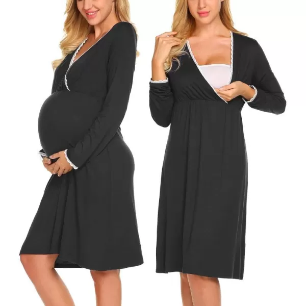 Ekouaer Women 3 in 1 DeliveryLaborMaternityNursing Nightgown Short Sleeve Pleated Breastfeeding Sleep DressSXXLZ Black