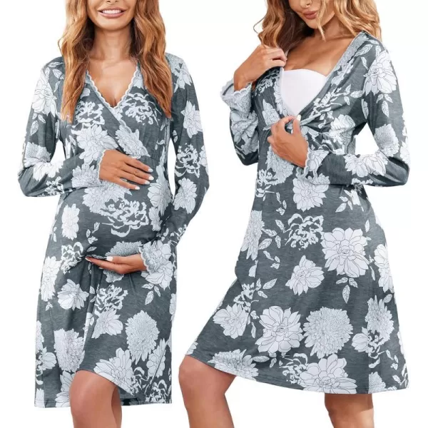 Ekouaer Women 3 in 1 DeliveryLaborMaternityNursing Nightgown Short Sleeve Pleated Breastfeeding Sleep DressSXXLZ Grey Flowers