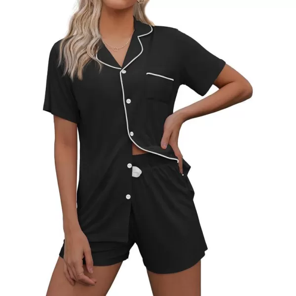 Ekouaer Women Classic Button Down Soft Short Pajamas SetAblack