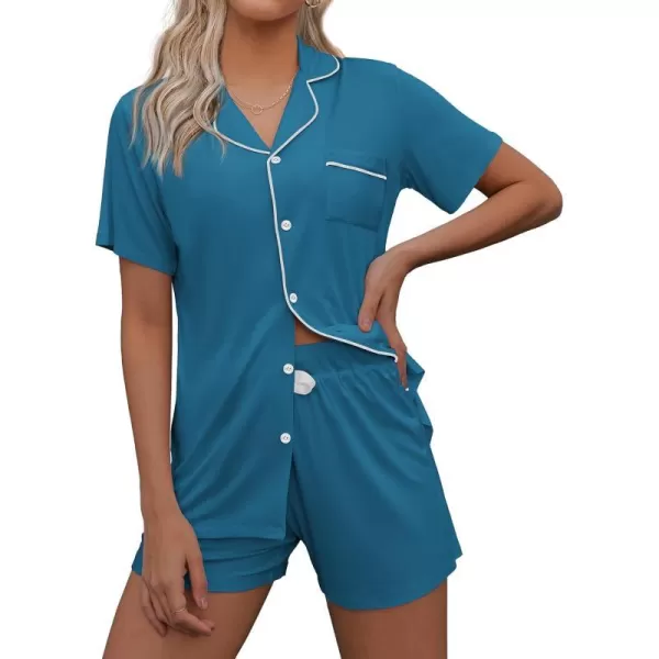 Ekouaer Women Classic Button Down Soft Short Pajamas SetBlue Green