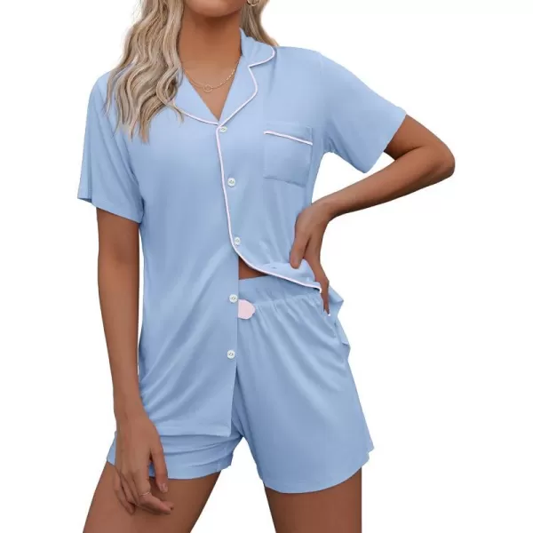 Ekouaer Women Classic Button Down Soft Short Pajamas SetLight Sky Blue