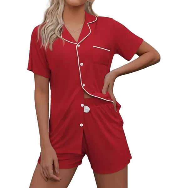 Ekouaer Women Classic Button Down Soft Short Pajamas SetRed