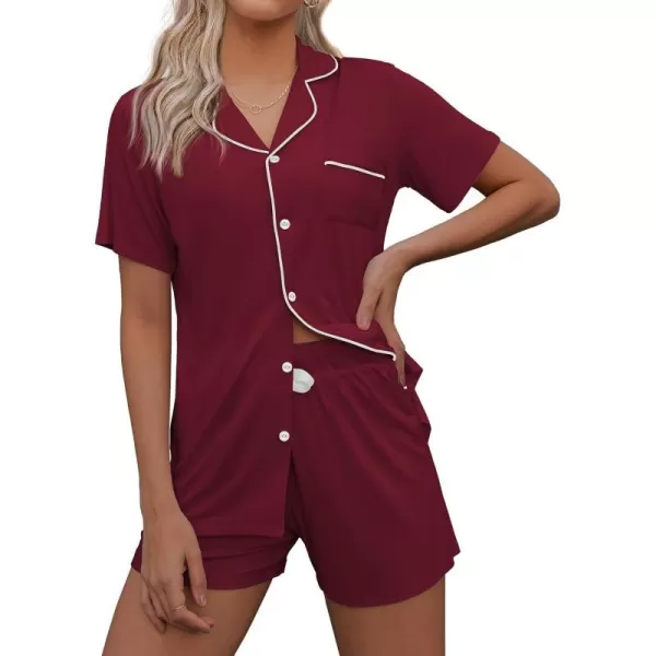 Ekouaer Women Classic Button Down Soft Short Pajamas SetWine Red