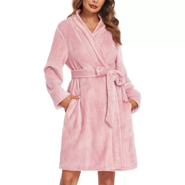 Ekouaer Women Fleece Bathrobe Plush Short Robe Long Sleeve Robe Attached Belt Soft Sleepwear Ladies Loungewear SXXLA Light Pink