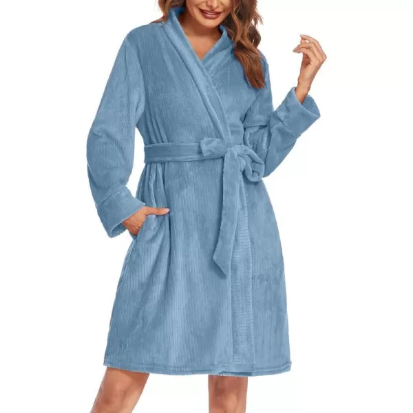 Ekouaer Women Fleece Bathrobe Plush Short Robe Long Sleeve Robe Attached Belt Soft Sleepwear Ladies Loungewear SXXLBlue