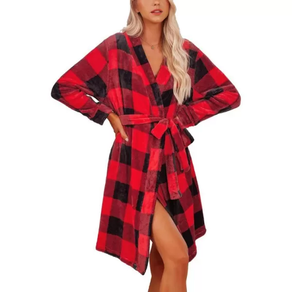 Ekouaer Women Fleece Bathrobe Plush Short Robe Long Sleeve Robe Attached Belt Soft Sleepwear Ladies Loungewear SXXLBuffalo Plaid