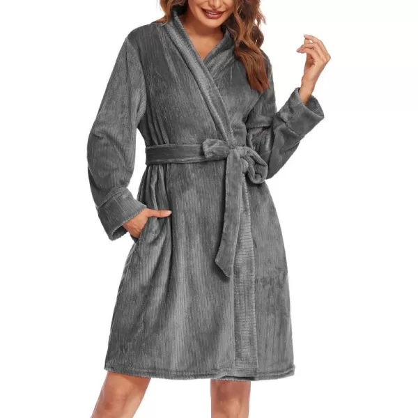 Ekouaer Women Fleece Bathrobe Plush Short Robe Long Sleeve Robe Attached Belt Soft Sleepwear Ladies Loungewear SXXLGrey