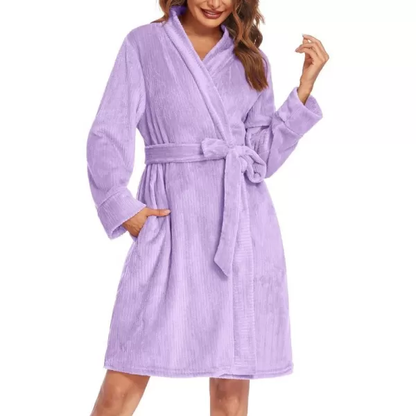 Ekouaer Women Fleece Bathrobe Plush Short Robe Long Sleeve Robe Attached Belt Soft Sleepwear Ladies Loungewear SXXLPurple