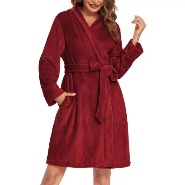 Ekouaer Women Fleece Bathrobe Plush Short Robe Long Sleeve Robe Attached Belt Soft Sleepwear Ladies Loungewear SXXLWine Red