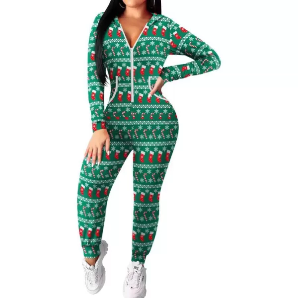 Ekouaer Women Hooded Jumpsuit Long Sleeve Onesies Zip Up One Piece Pajamas Novelty Sleepwear for WomenChristmassnowflakecandy Canesock