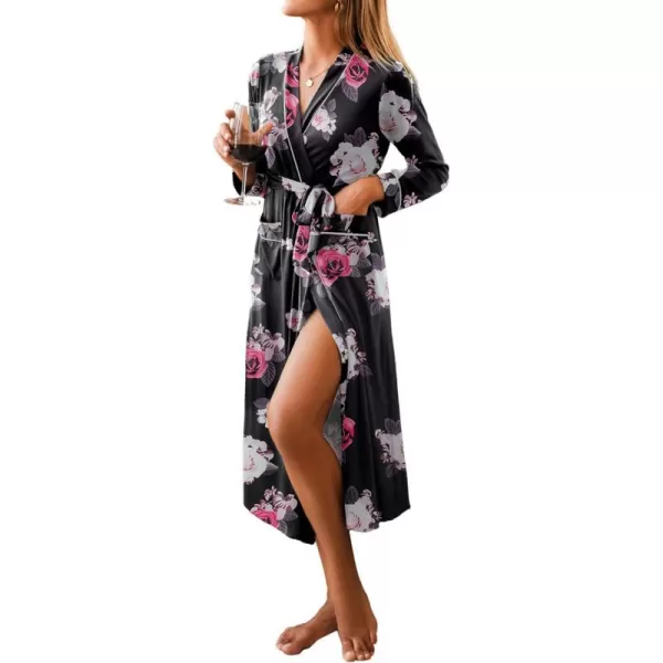 Ekouaer Women Kimono Robes Full Length Knit Bathrobe Lightweight Soft Sleepwear Vneck Casual Ladies Loungewear SXXLFloral Black