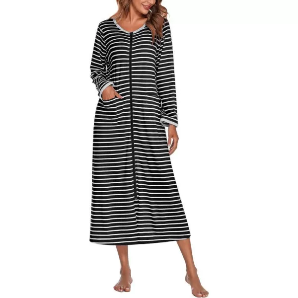 Ekouaer Women Long House Coat Zipper Front Robes Full Length Nightgowns with Pockets Striped Loungewear S4XLAstripept1 Black