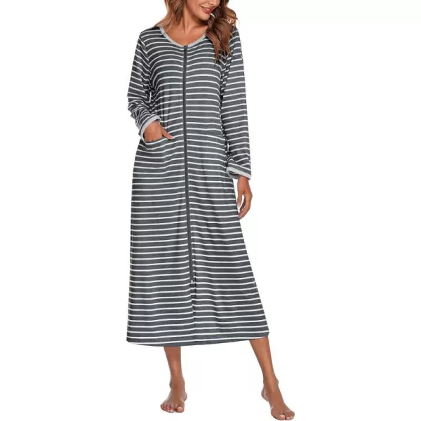 Ekouaer Women Long House Coat Zipper Front Robes Full Length Nightgowns with Pockets Striped Loungewear S4XLAstripept2