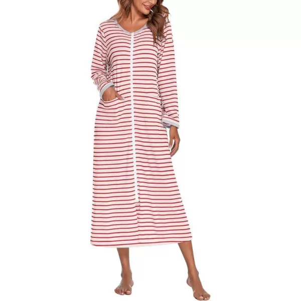 Ekouaer Women Long House Coat Zipper Front Robes Full Length Nightgowns with Pockets Striped Loungewear S4XLAstripept3