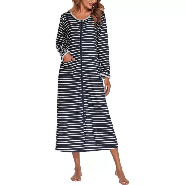 Ekouaer Women Long House Coat Zipper Front Robes Full Length Nightgowns with Pockets Striped Loungewear S4XLAstripept4 Navy Blue