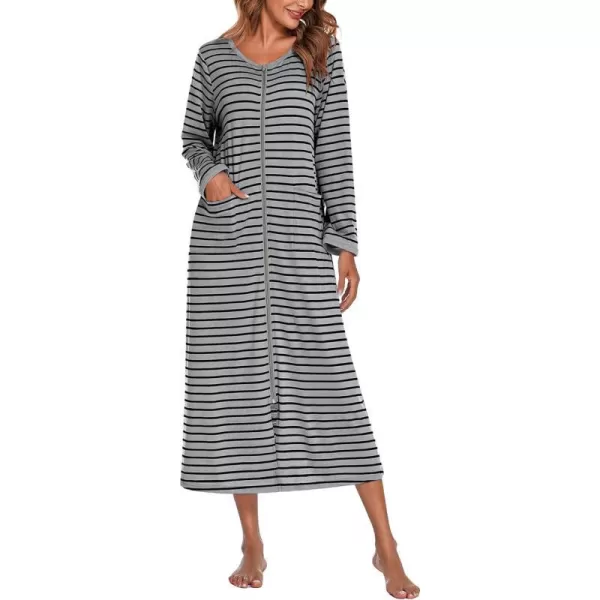 Ekouaer Women Long House Coat Zipper Front Robes Full Length Nightgowns with Pockets Striped Loungewear S4XLAstripept5