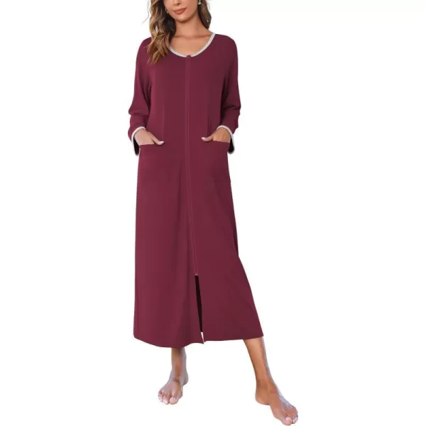 Ekouaer Women Long House Coat Zipper Front Robes Full Length Nightgowns with Pockets Striped Loungewear S4XLBwine Red