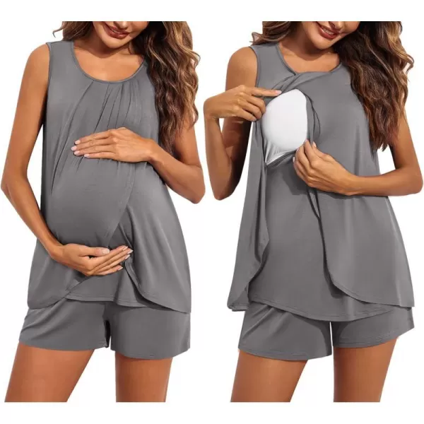 Ekouaer Women Maternity Nursing Pajama Set Breastfeeding Sleepwear Double Layer Sleeveless Top amp Shorts Pregnancy PJSA06grey