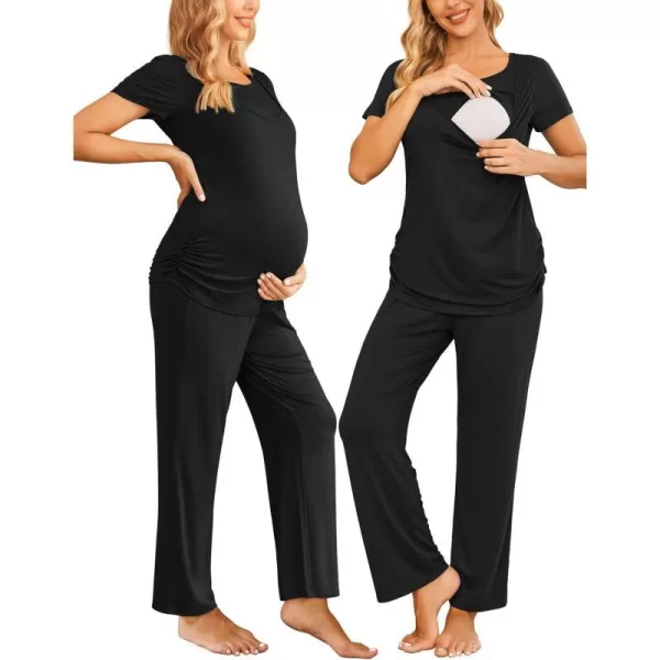 Ekouaer Women Maternity Nursing Pajama Set Breastfeeding Sleepwear Set Short Sleeve Top amp Pants Postpartum PajamasBlack