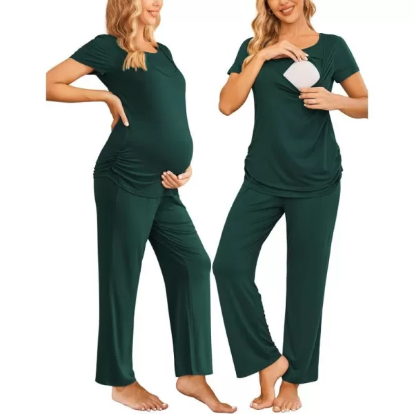 Ekouaer Women Maternity Nursing Pajama Set Breastfeeding Sleepwear Set Short Sleeve Top amp Pants Postpartum PajamasDark Green