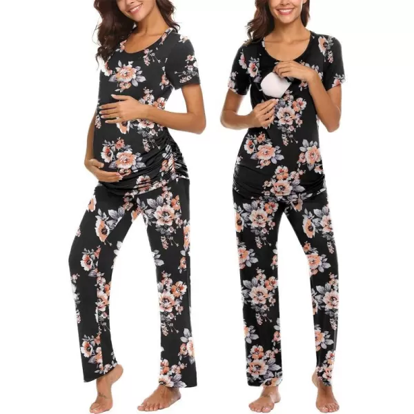 Ekouaer Women Maternity Nursing Pajama Set Breastfeeding Sleepwear Set Short Sleeve Top amp Pants Postpartum PajamasFloral Black