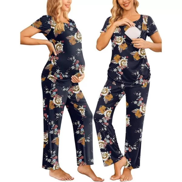 Ekouaer Women Maternity Nursing Pajama Set Breastfeeding Sleepwear Set Short Sleeve Top amp Pants Postpartum PajamasFloral Navy Blue