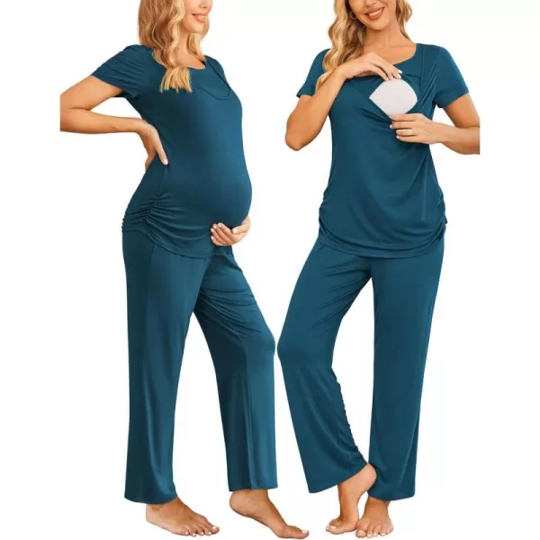 Ekouaer Women Maternity Nursing Pajama Set Breastfeeding Sleepwear Set Short Sleeve Top amp Pants Postpartum PajamasTeal