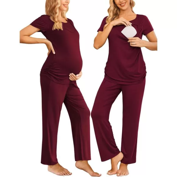 Ekouaer Women Maternity Nursing Pajama Set Breastfeeding Sleepwear Set Short Sleeve Top amp Pants Postpartum PajamasWine Red