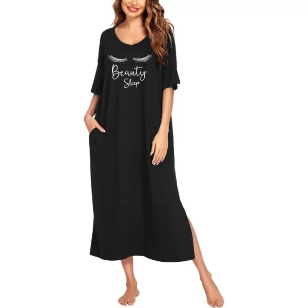 Ekouaer Women Nightgowns Long Night Gowns for Women O Neck Loungewear Sleep Shirts Sleepwear GownAblack