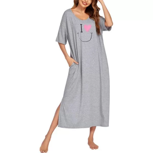 Ekouaer Women Nightgowns Long Night Gowns for Women O Neck Loungewear Sleep Shirts Sleepwear GownGrey